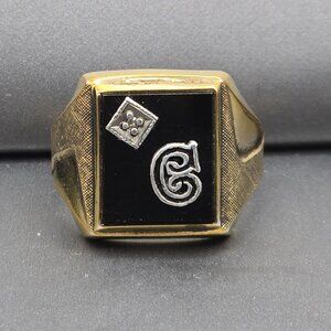 VTG Vargus Sterling Vermeil Black Onyx Diamond Men Signet Initial Ring Size 11